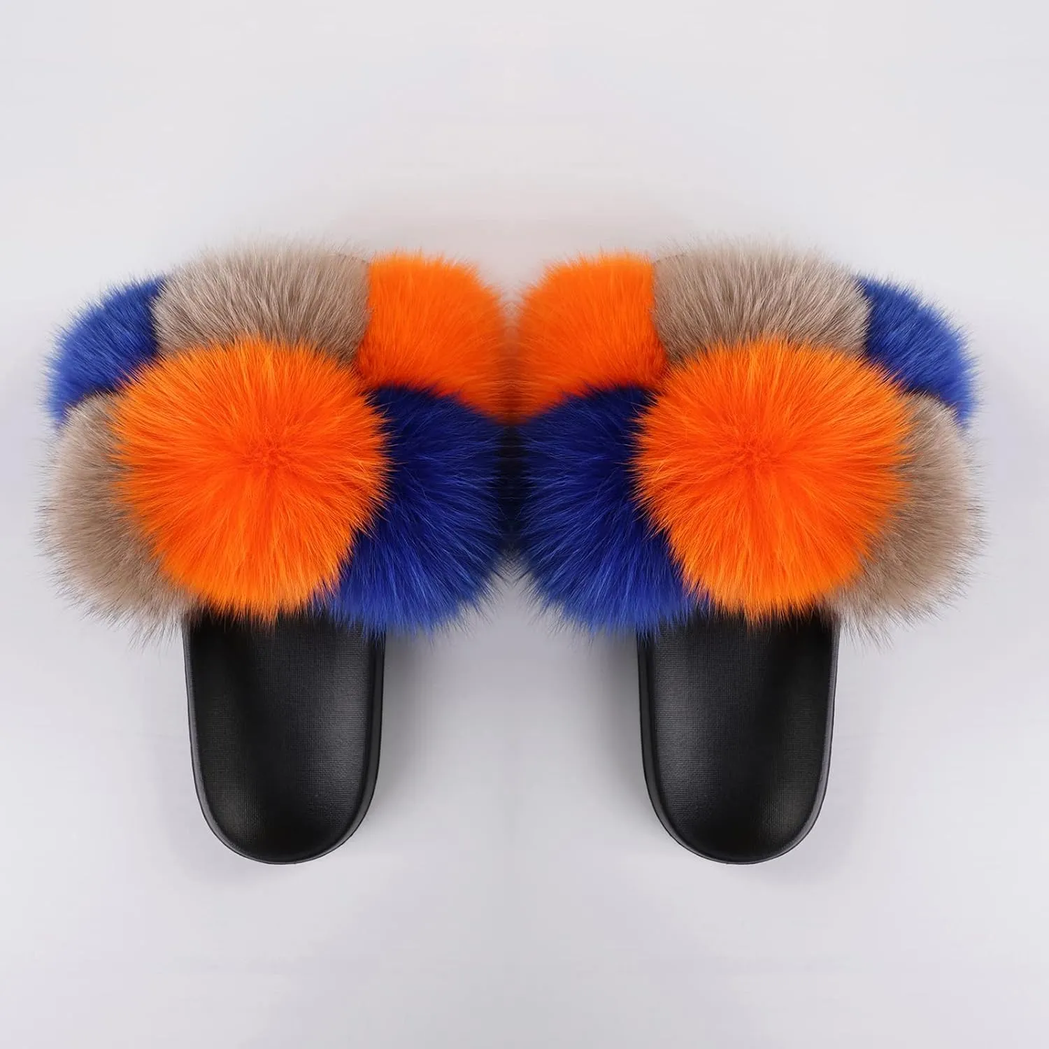 Women's Real Fox Fur Slides, Open-Toe Sandals, Indoor and Outdoor Non-Slip Slippers, Soft Pompom