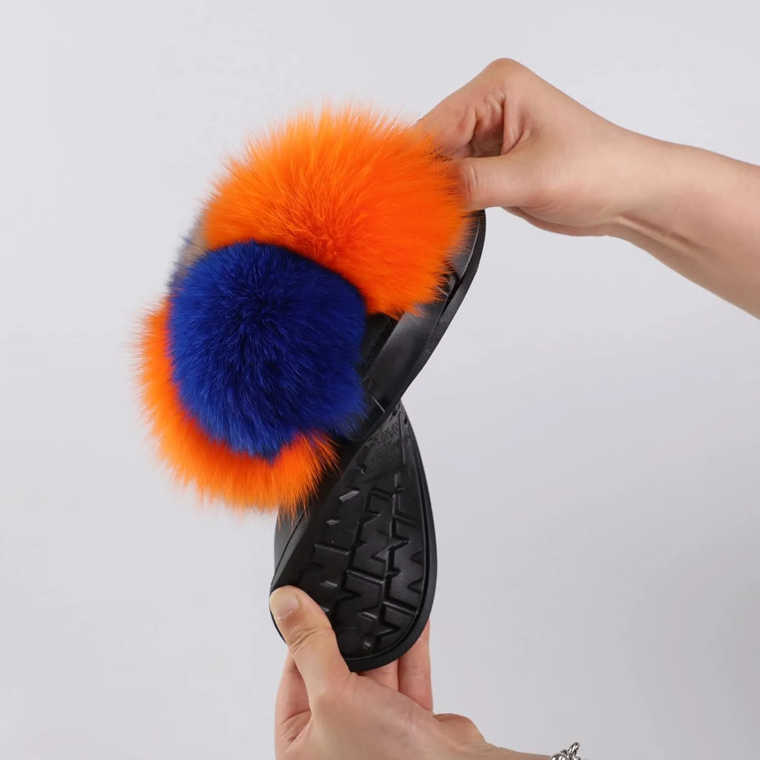 Women's Real Fox Fur Slides, Open-Toe Sandals, Indoor and Outdoor Non-Slip Slippers, Soft Pompom