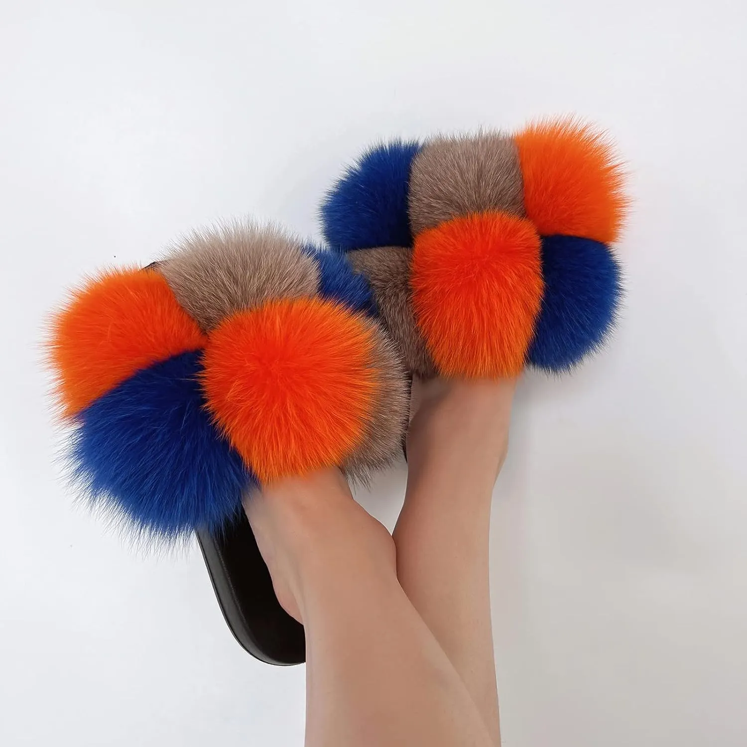 Women's Real Fox Fur Slides, Open-Toe Sandals, Indoor and Outdoor Non-Slip Slippers, Soft Pompom
