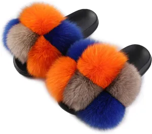 Women's Real Fox Fur Slides, Open-Toe Sandals, Indoor and Outdoor Non-Slip Slippers, Soft Pompom