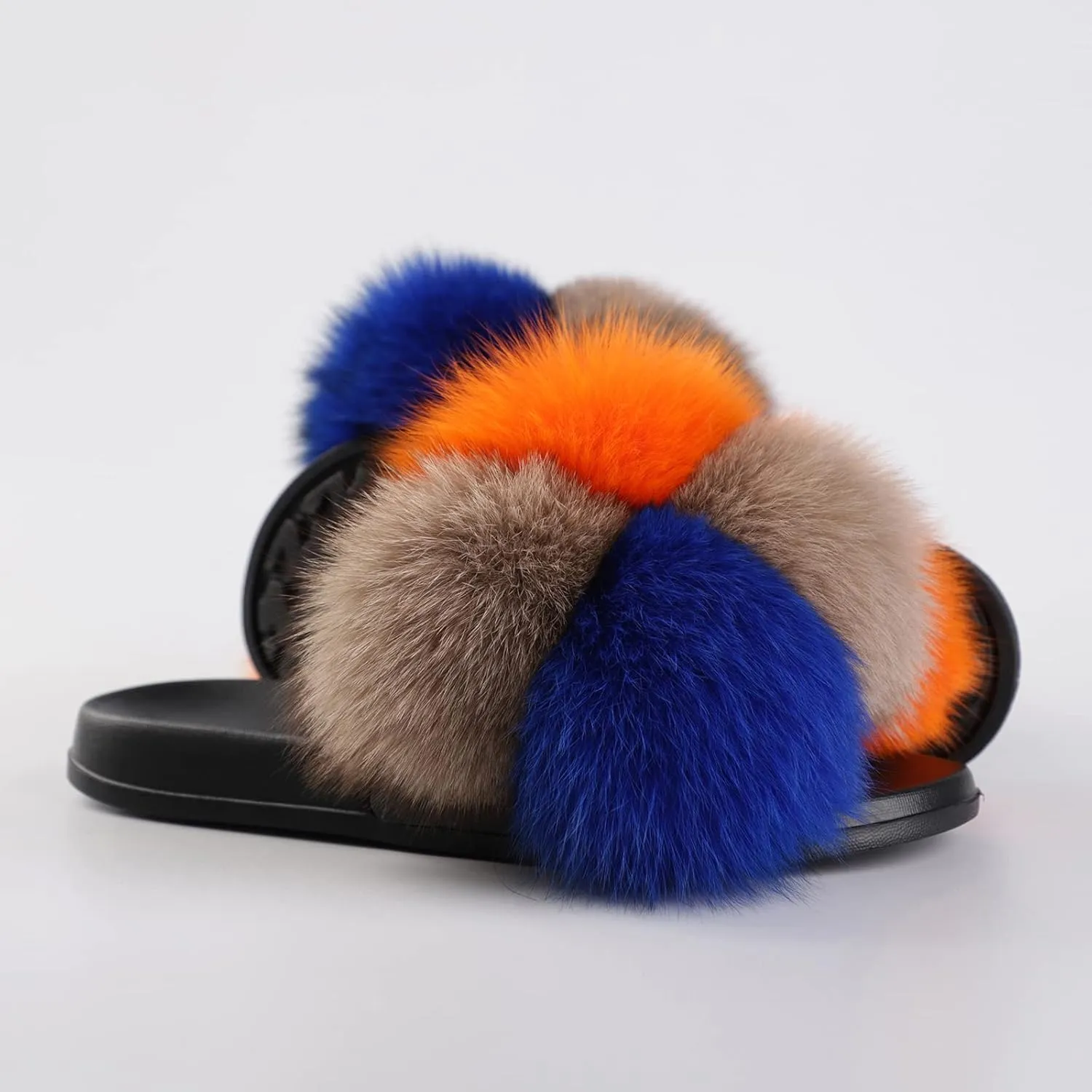 Women's Real Fox Fur Slides, Open-Toe Sandals, Indoor and Outdoor Non-Slip Slippers, Soft Pompom