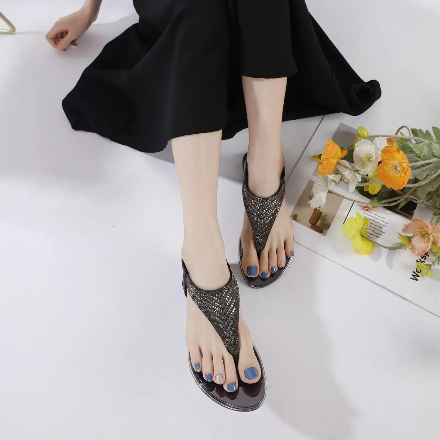 Women's Rhinestone Thong Dressy Flat Sandals,Fashion Elastic Strappy Bohemian Sandals Outdoor Comfortable Soft Gladiator Beach Slides