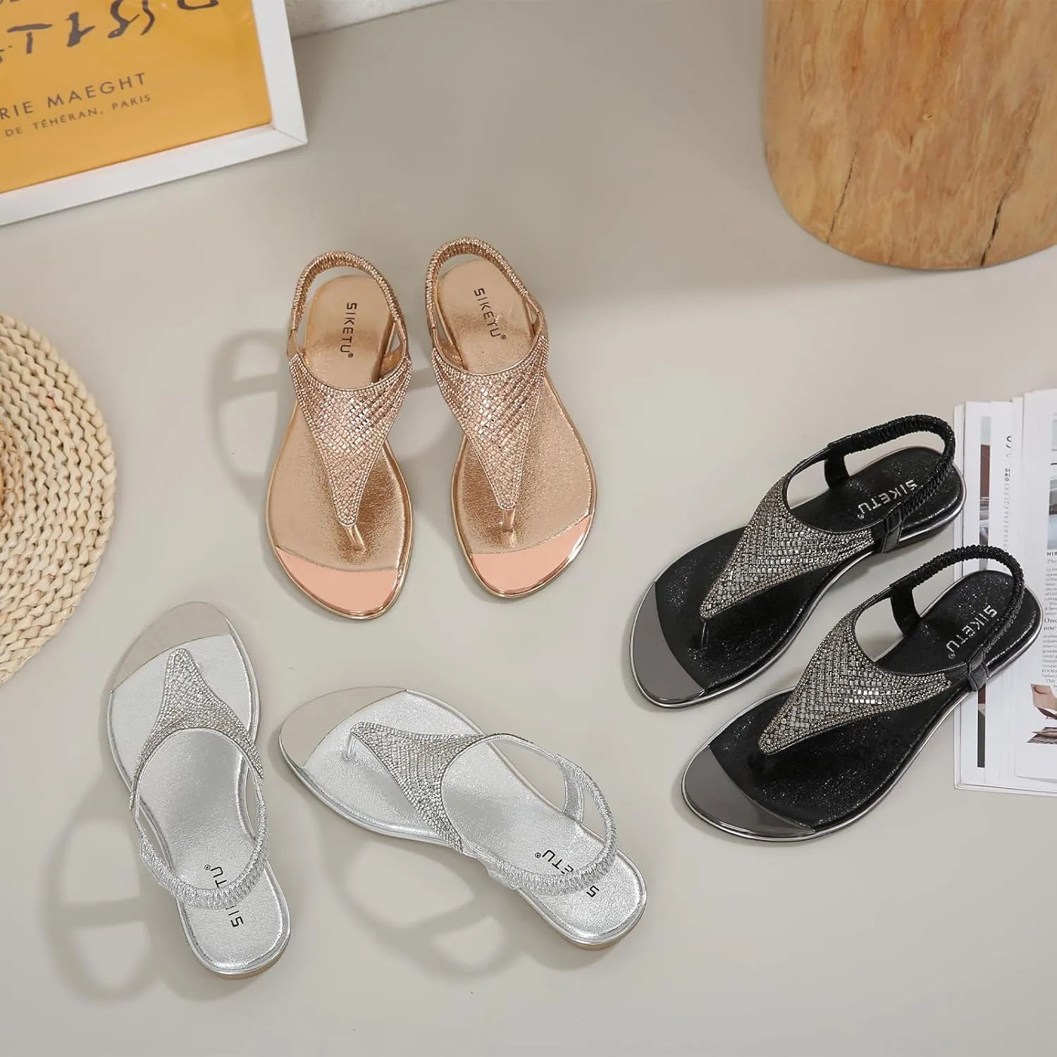 Women's Rhinestone Thong Dressy Flat Sandals,Fashion Elastic Strappy Bohemian Sandals Outdoor Comfortable Soft Gladiator Beach Slides