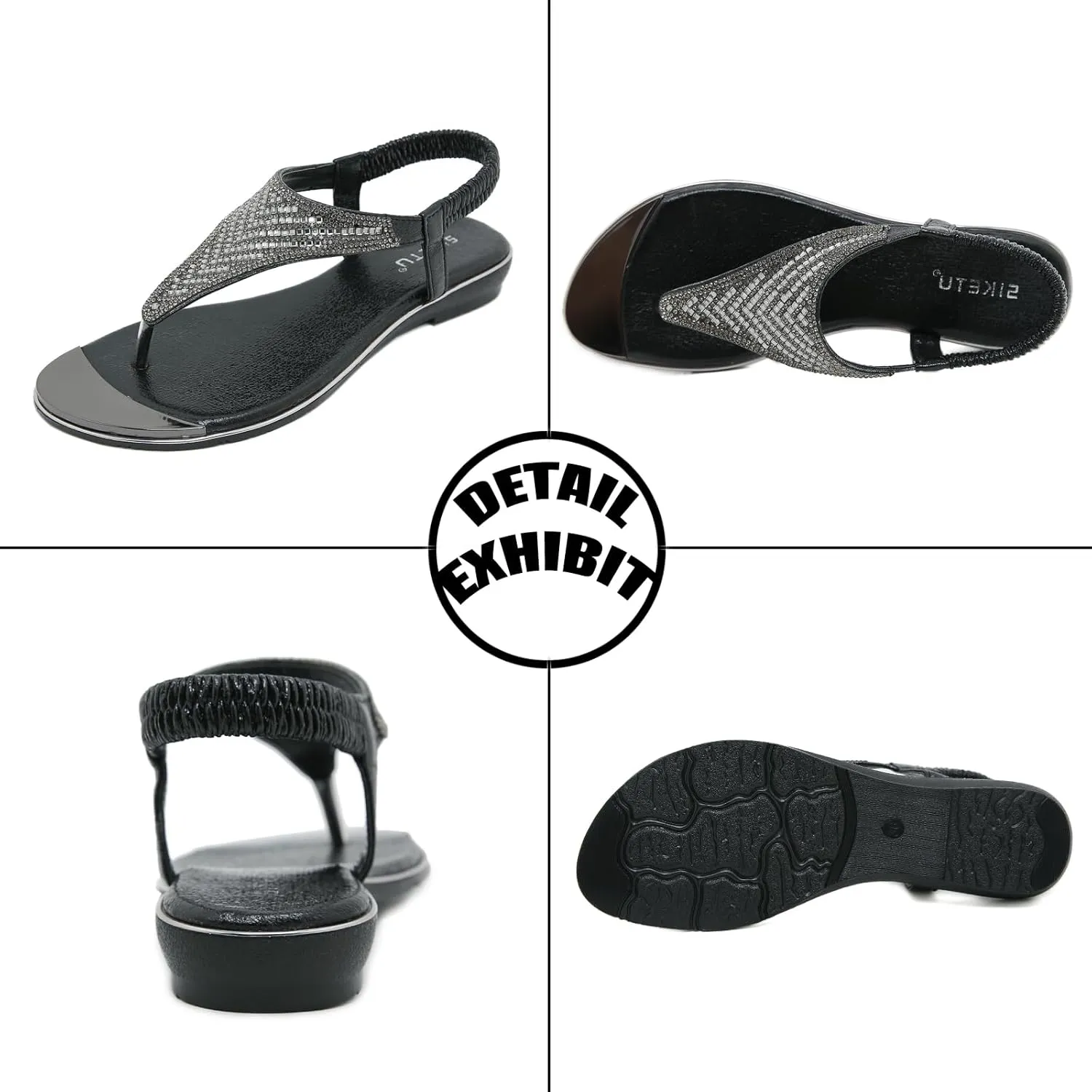 Women's Rhinestone Thong Dressy Flat Sandals,Fashion Elastic Strappy Bohemian Sandals Outdoor Comfortable Soft Gladiator Beach Slides