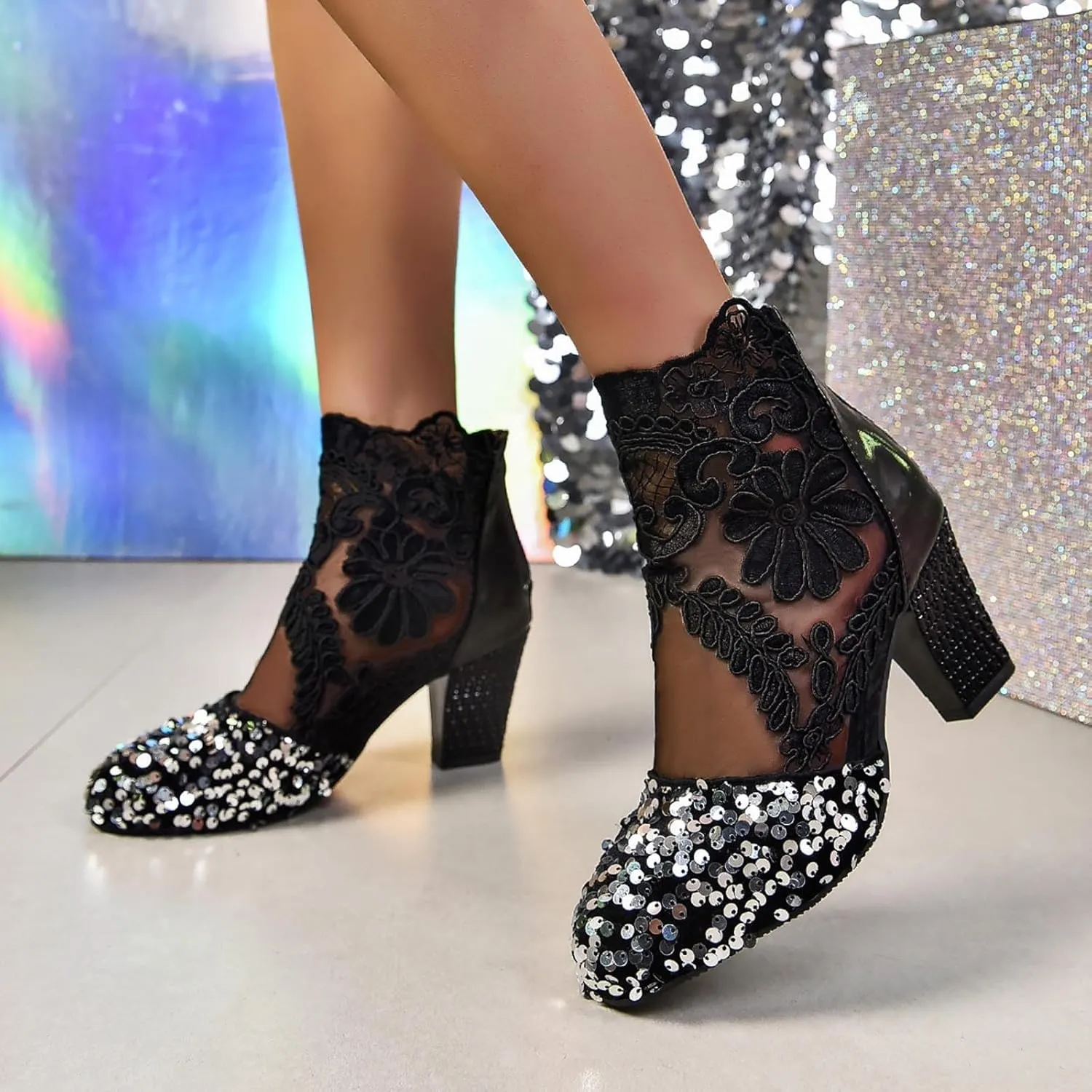 Women's Roman Sandals Party Ankle Boots Lace Applique Glitter Sequin Chunky Heel Round Toe Mid-Calf Shoes Booties