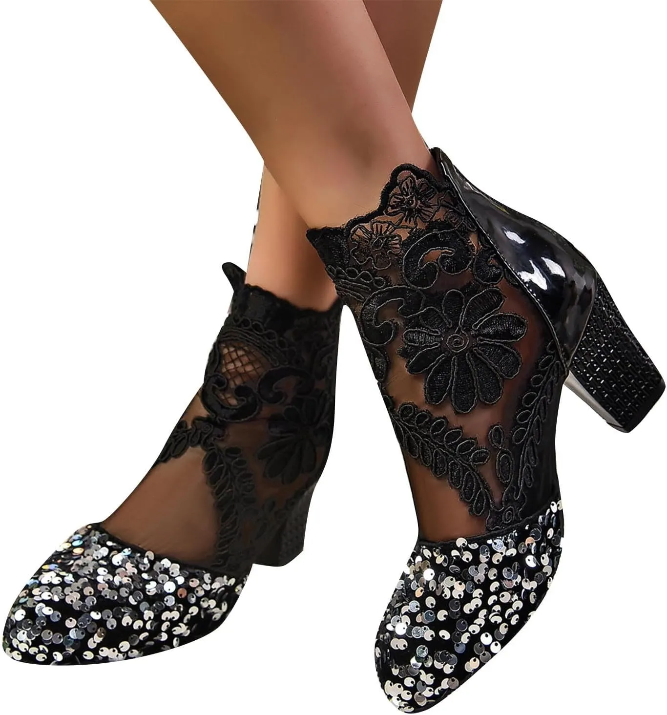Women's Roman Sandals Party Ankle Boots Lace Applique Glitter Sequin Chunky Heel Round Toe Mid-Calf Shoes Booties