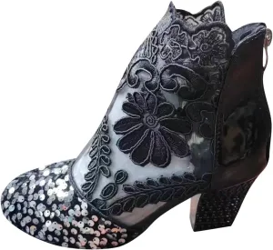 Women's Roman Sandals Party Ankle Boots Lace Applique Glitter Sequin Chunky Heel Round Toe Mid-Calf Shoes Booties