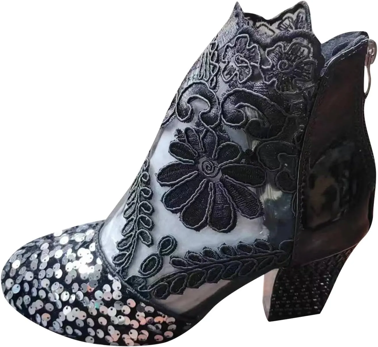 Women's Roman Sandals Party Ankle Boots Lace Applique Glitter Sequin Chunky Heel Round Toe Mid-Calf Shoes Booties