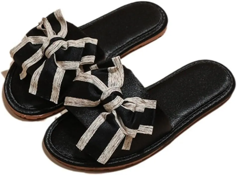 Women's Satin Bow Flat Slippers Luxury Anti Slip Silent Soft Sole Home Slides Fashion Style Indoor Sandals for All Seasons Comfortable Bridal Flip Flops