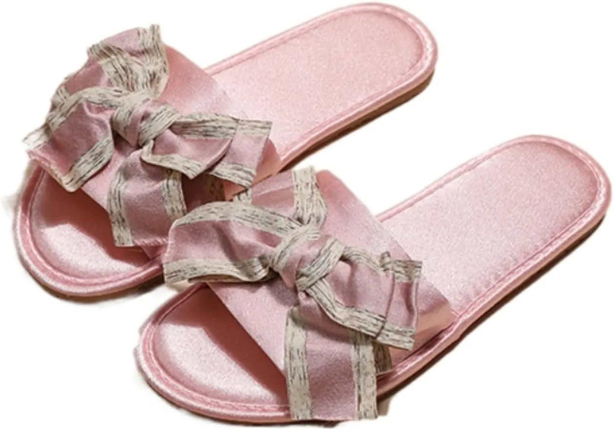 Women's Satin Bow Flat Slippers Luxury Anti Slip Silent Soft Sole Home Slides Fashion Style Indoor Sandals for All Seasons Comfortable Bridal Flip Flops