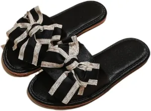 Women's Satin Bow Flat Slippers Luxury Anti Slip Silent Soft Sole Home Slides Fashion Style Indoor Sandals for All Seasons Comfortable Bridal Flip Flops