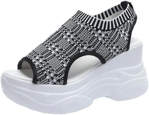 Women's Solid Color Casual Sandals, Platform Elastic Soft Sole Knitted Walking Shoes, Heightening