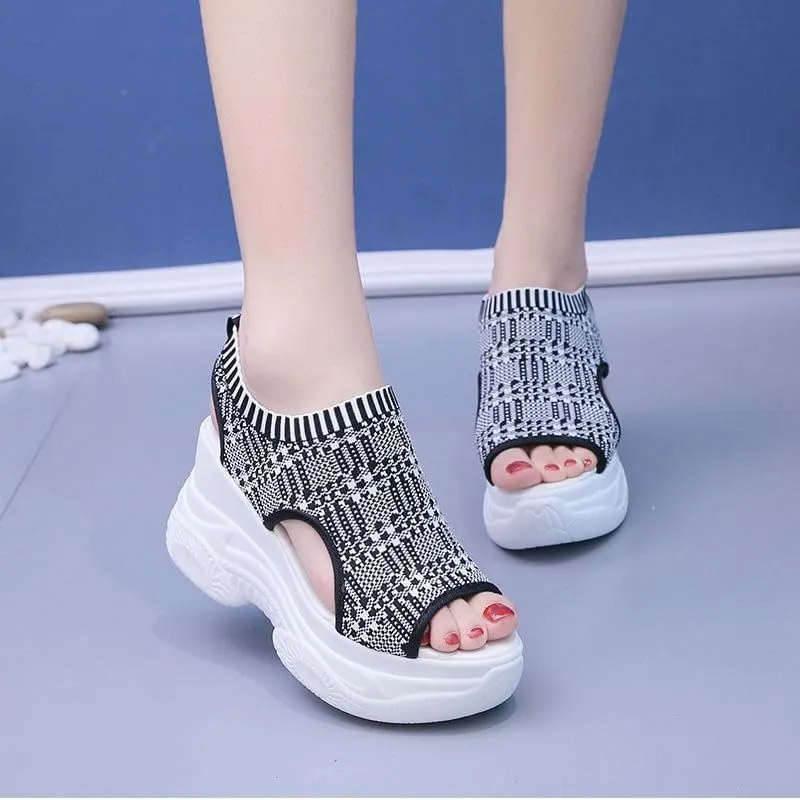 Women's Solid Color Casual Sandals, Platform Elastic Soft Sole Knitted Walking Shoes, Heightening
