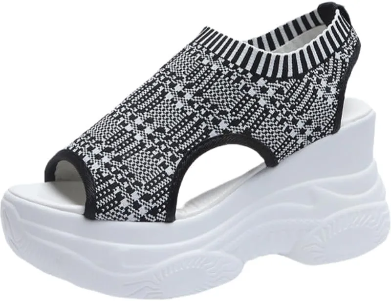 Women's Solid Color Casual Sandals, Platform Elastic Soft Sole Knitted Walking Shoes, Heightening