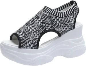 Women's Solid Color Casual Sandals, Platform Elastic Soft Sole Knitted Walking Shoes, Heightening