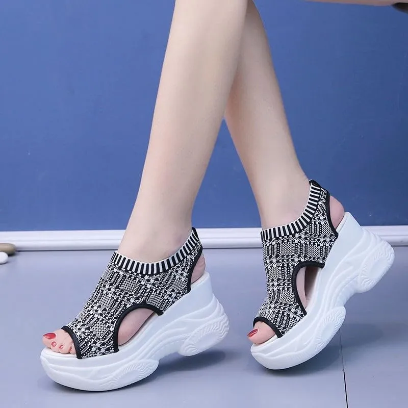 Women's Solid Color Casual Sandals, Platform Elastic Soft Sole Knitted Walking Shoes, Heightening
