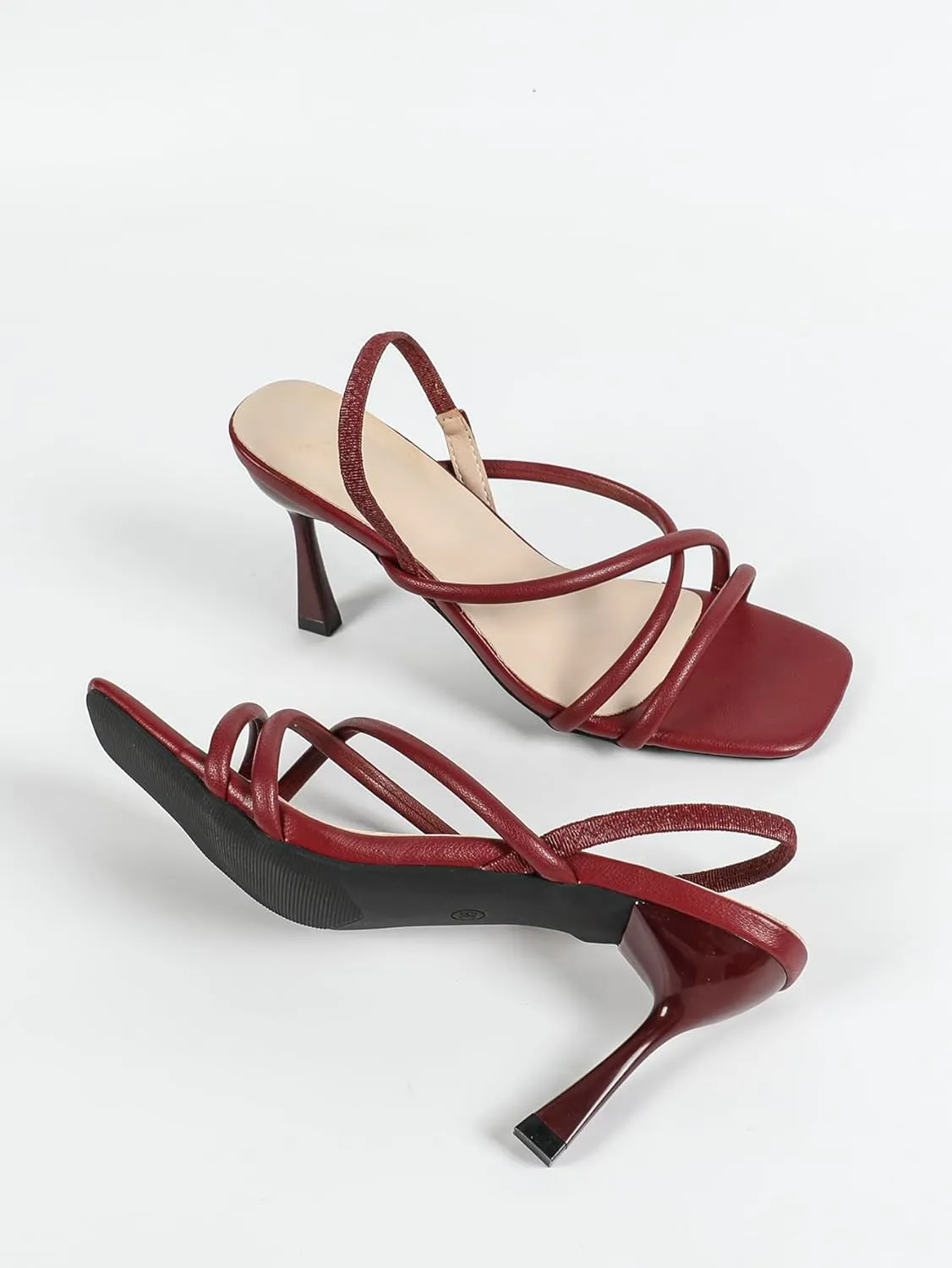 Women’s Strappy High-Heel Sandals – Square-Toe Design with Orange Heel Accent & Back Strap – Elegant Dress Shoes for Dinners, Parties & Formal Occasions