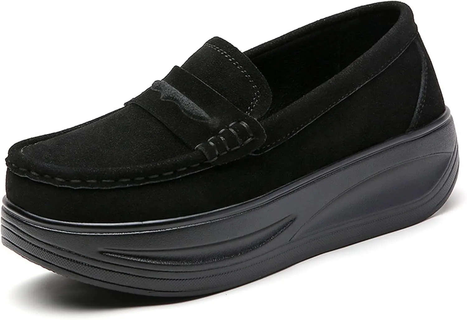 Women's Suede Platform Wedge Slip On Loafers,Fashion Low Top Round Toe Non-Slip Moccasin Walking Shoes Comfortable Wedge Sneakers