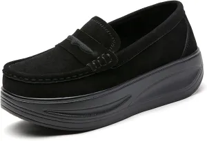 Women's Suede Platform Wedge Slip On Loafers,Fashion Low Top Round Toe Non-Slip Moccasin Walking Shoes Comfortable Wedge Sneakers