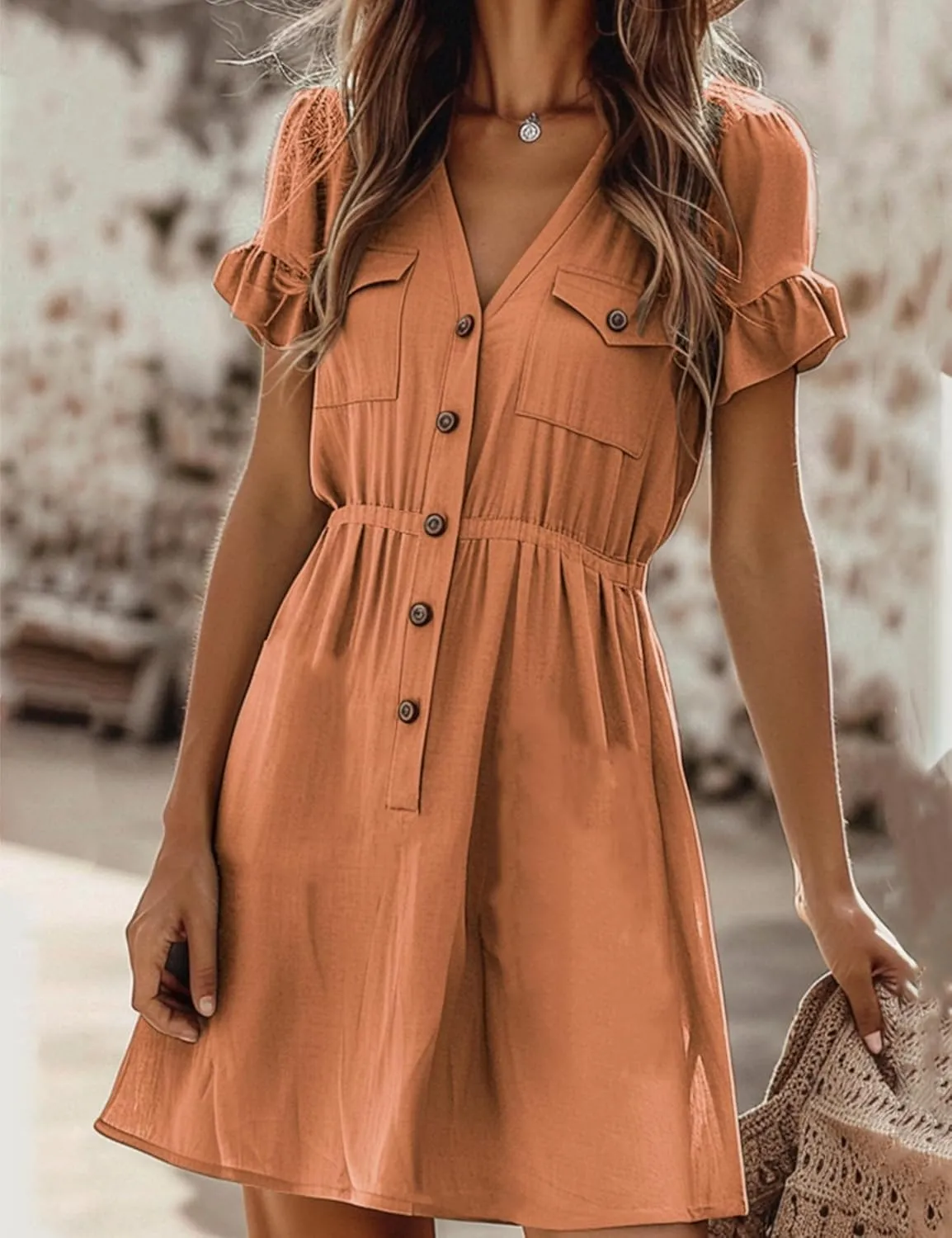 Women's Summer Linen Dress Casual Ruffles A-Line Flare for Fashion Lounge Button Down Midi Dress for Women ﻿