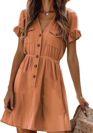 Women's Summer Linen Dress Casual Ruffles A-Line Flare for Fashion Lounge Button Down Midi Dress for Women ﻿