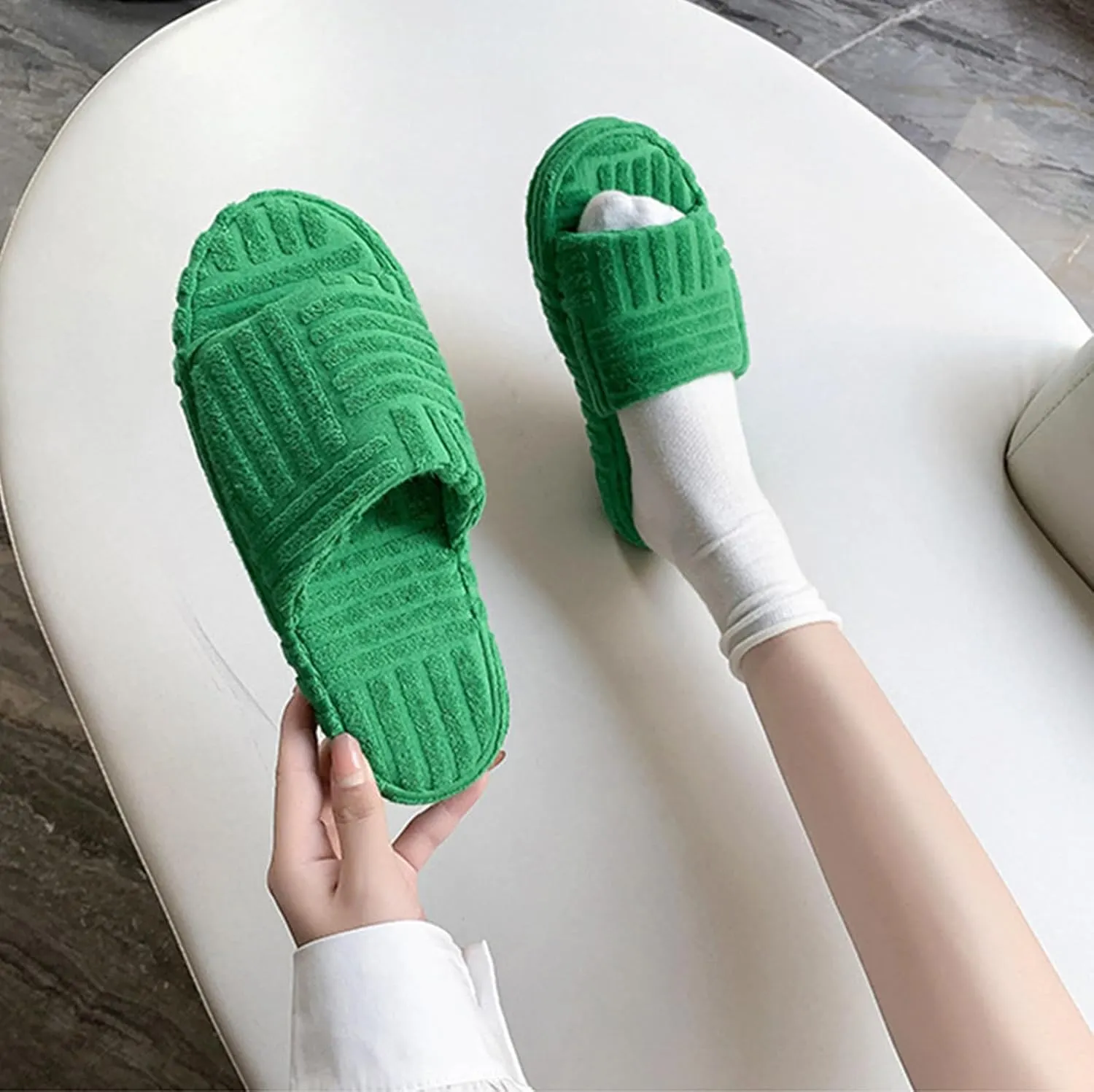 Womens Terry Cloth Open Toe Slipper Cozy and Comfortable Towelling Slippers Indoor Outdoor Flat Slide Sandals