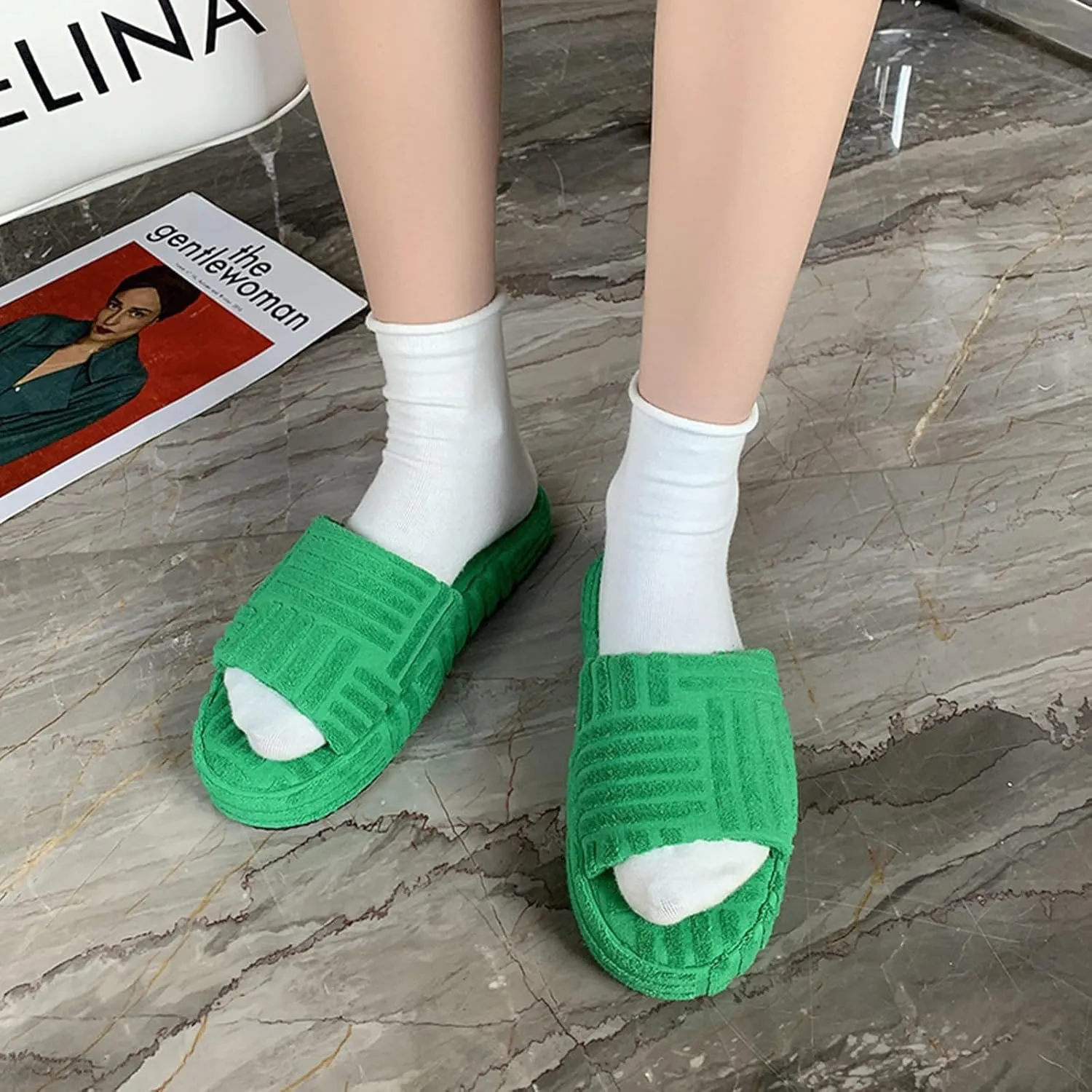 Womens Terry Cloth Open Toe Slipper Cozy and Comfortable Towelling Slippers Indoor Outdoor Flat Slide Sandals