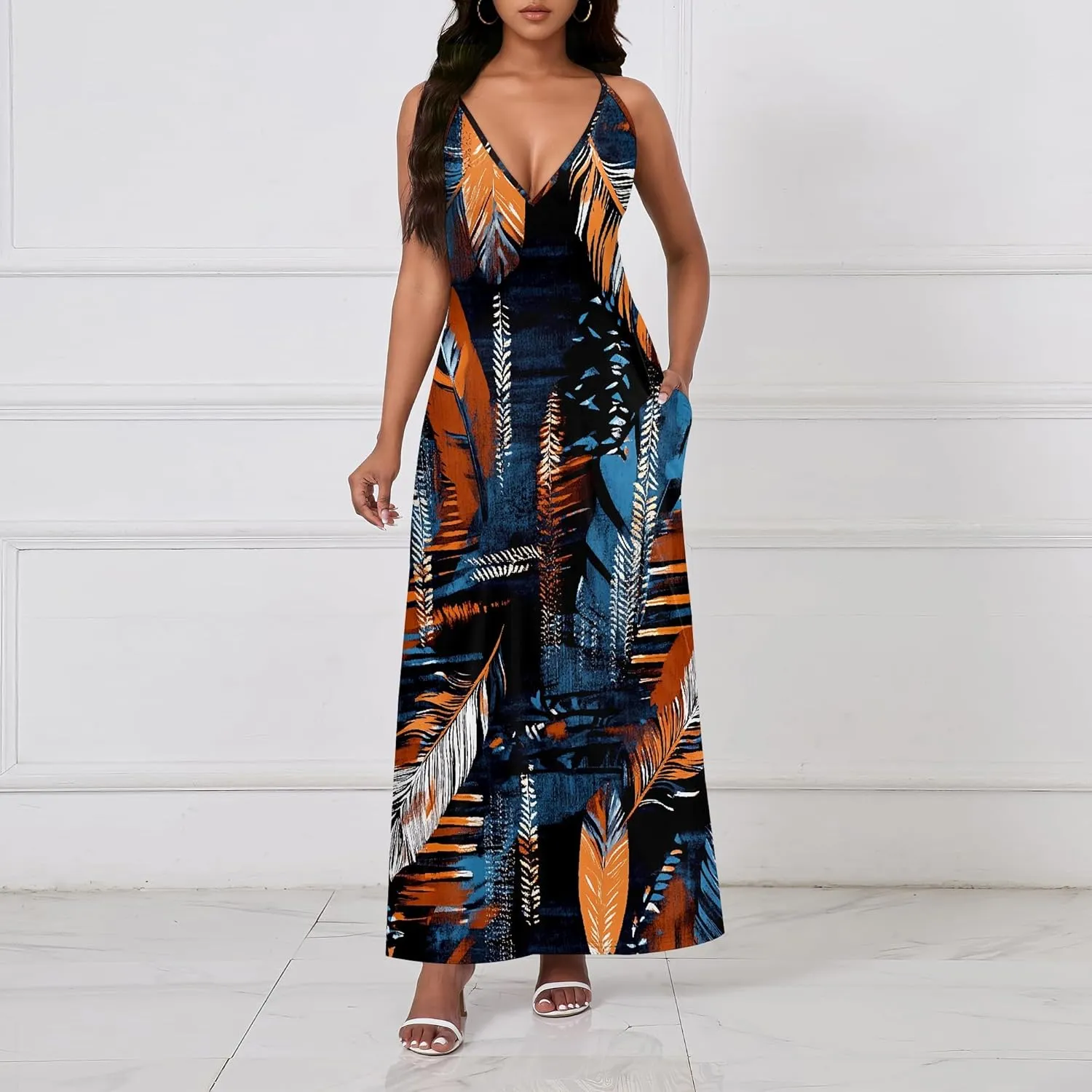 Womens V Neck Casual Outfits Long Flowy Floral Print Maxi Dresses Vacation Beach Cover ups Wedding Guests Sun Dress