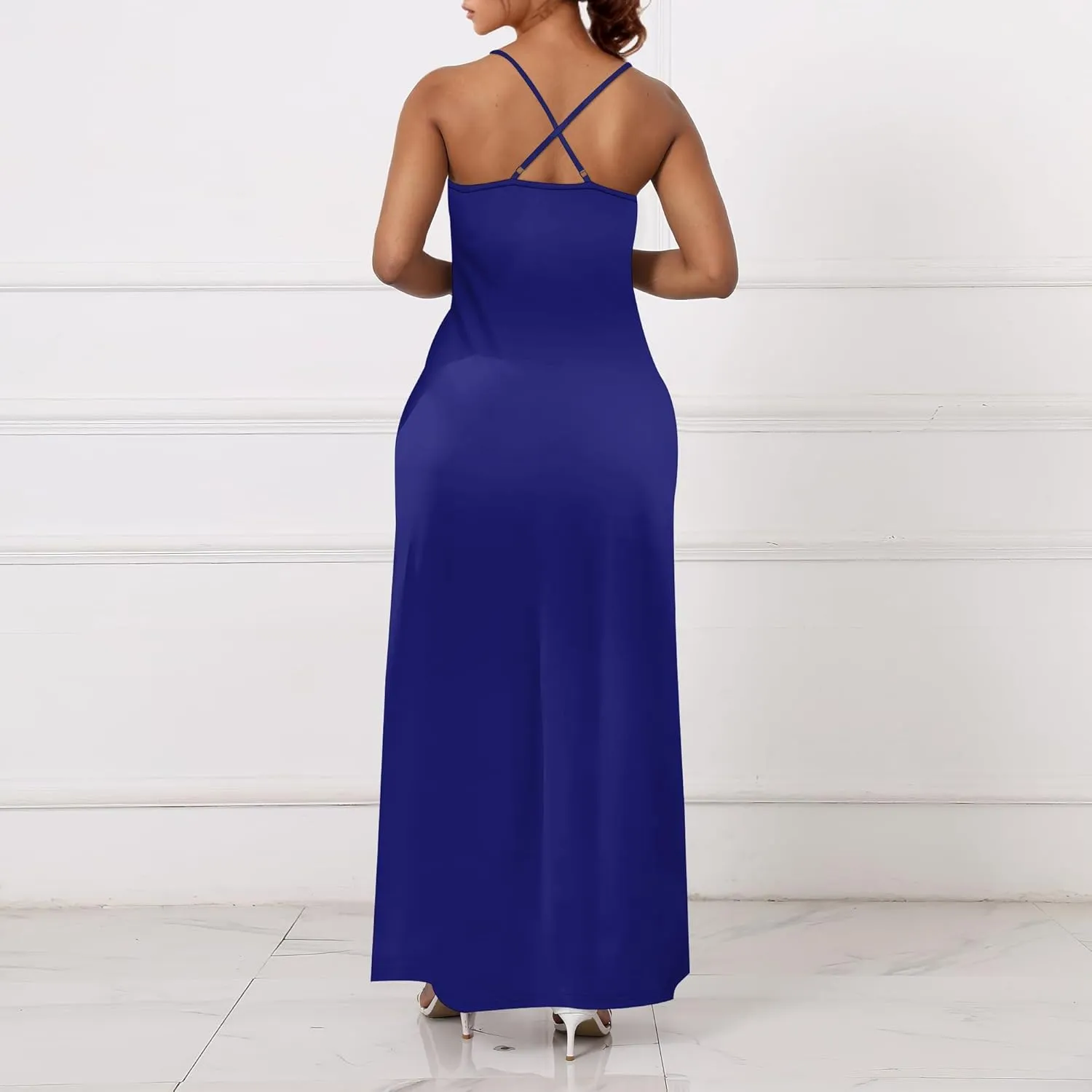 Womens V Neck Casual Outfits Long Flowy Solid Color Maxi Dresses Vacation Beach Cover ups Wedding Guests Sun Dress