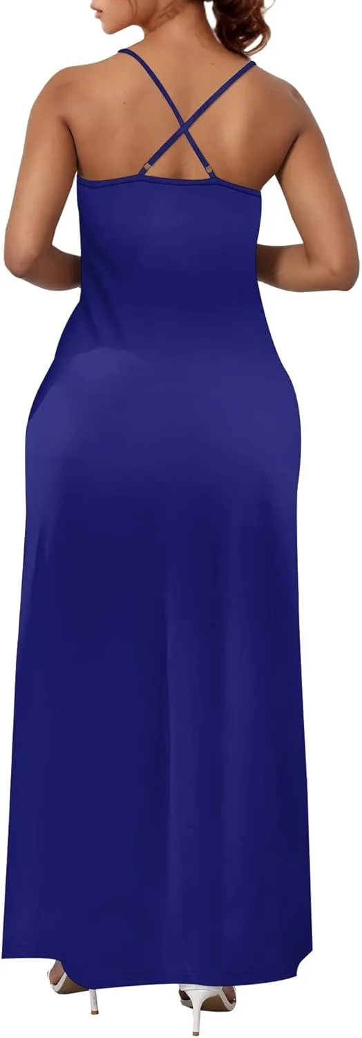 Womens V Neck Casual Outfits Long Flowy Solid Color Maxi Dresses Vacation Beach Cover ups Wedding Guests Sun Dress