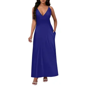 Womens V Neck Casual Outfits Long Flowy Solid Color Maxi Dresses Vacation Beach Cover ups Wedding Guests Sun Dress