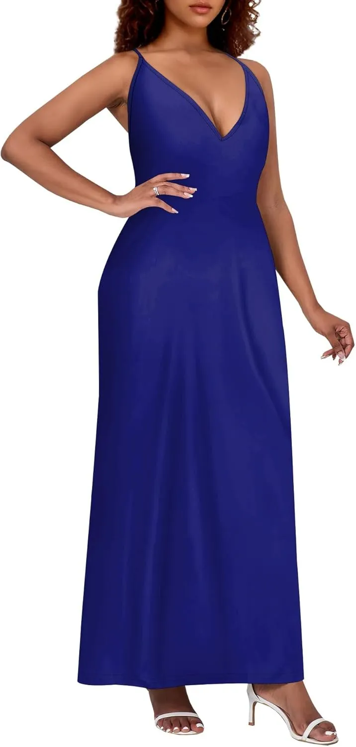 Womens V Neck Casual Outfits Long Flowy Solid Color Maxi Dresses Vacation Beach Cover ups Wedding Guests Sun Dress