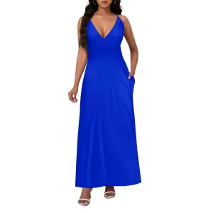 Womens V Neck Casual Outfits Long Flowy Solid Color Maxi Dresses Vacation Beach Cover ups Wedding Guests Sun Dress