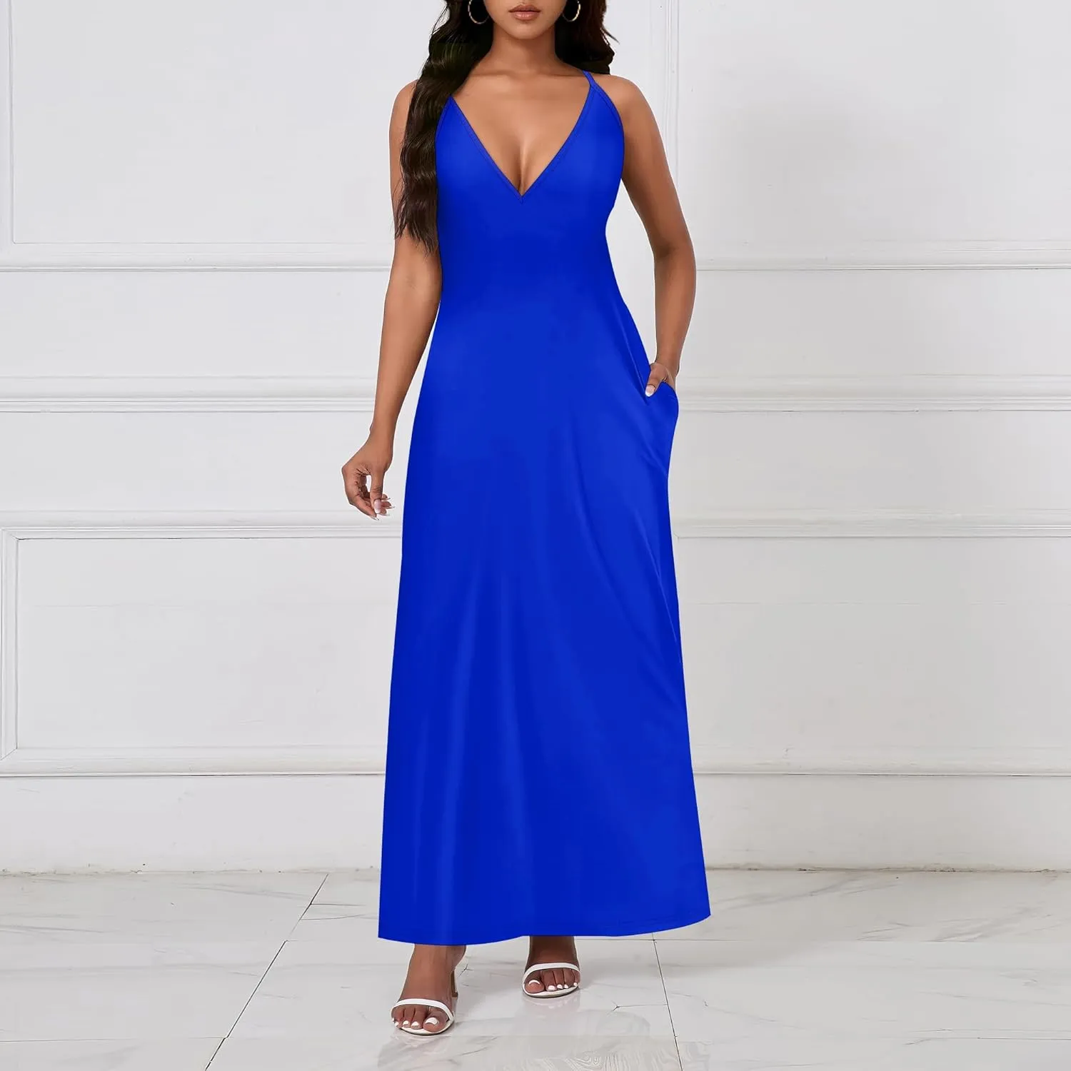 Womens V Neck Casual Outfits Long Flowy Solid Color Maxi Dresses Vacation Beach Cover ups Wedding Guests Sun Dress