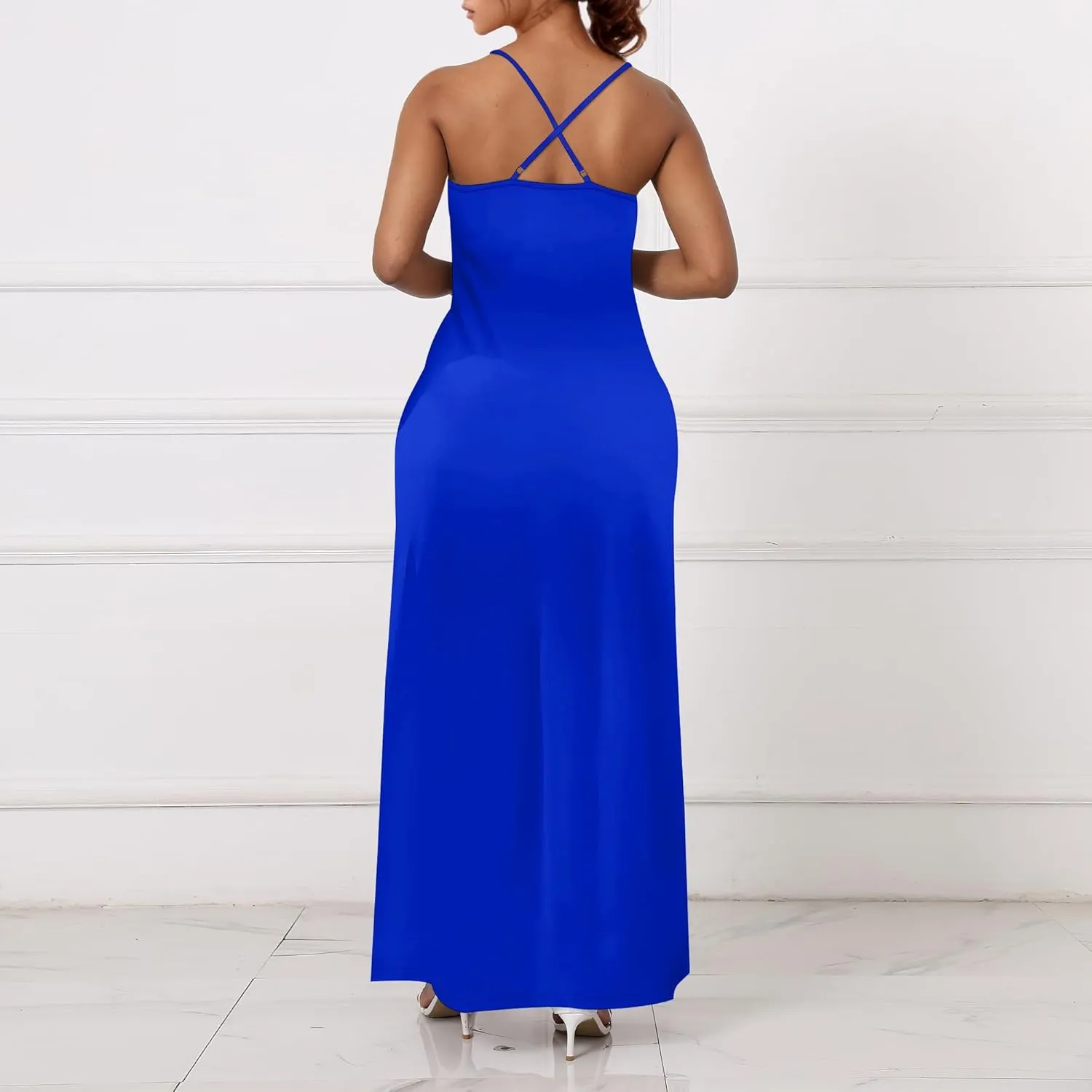 Womens V Neck Casual Outfits Long Flowy Solid Color Maxi Dresses Vacation Beach Cover ups Wedding Guests Sun Dress