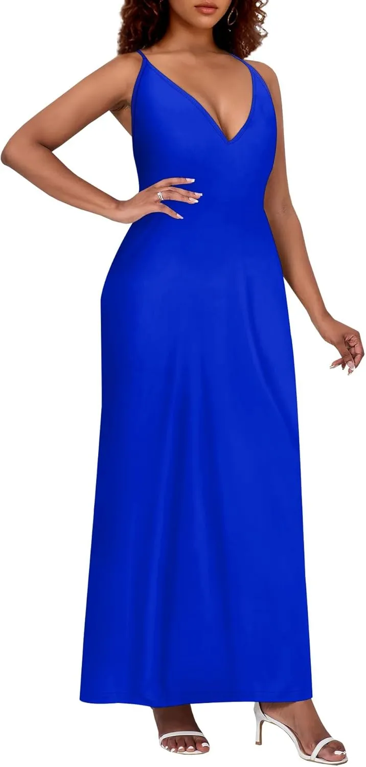 Womens V Neck Casual Outfits Long Flowy Solid Color Maxi Dresses Vacation Beach Cover ups Wedding Guests Sun Dress