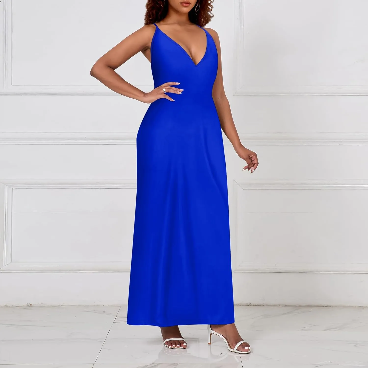 Womens V Neck Casual Outfits Long Flowy Solid Color Maxi Dresses Vacation Beach Cover ups Wedding Guests Sun Dress