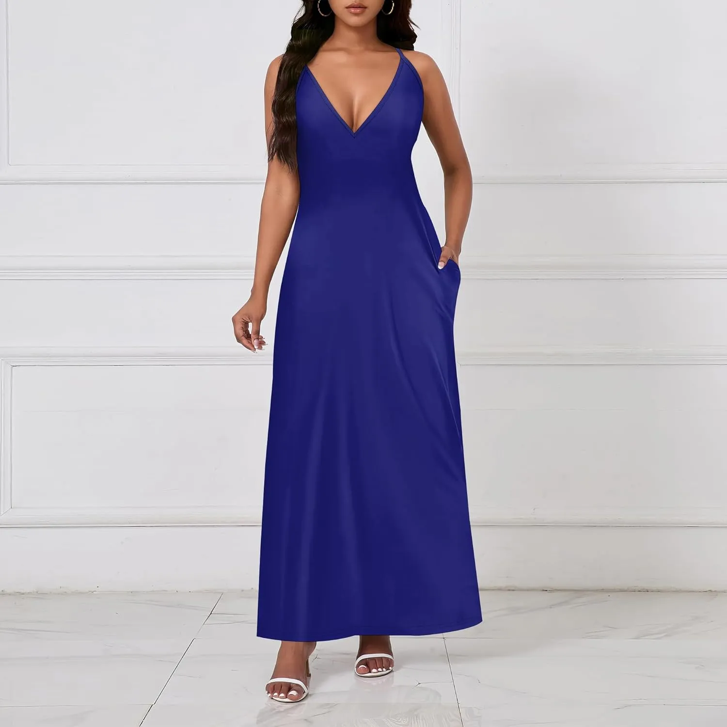 Womens V Neck Casual Outfits Long Flowy Solid Color Maxi Dresses Vacation Beach Cover ups Wedding Guests Sun Dress