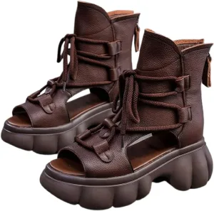 Women's Vintage High Top Gladiator Boot Sandals Sexy Comfor Fish Mouth Back Zipper Soft Platform Wedge Booties Fashion Casual Walking Beach Roman Sandals