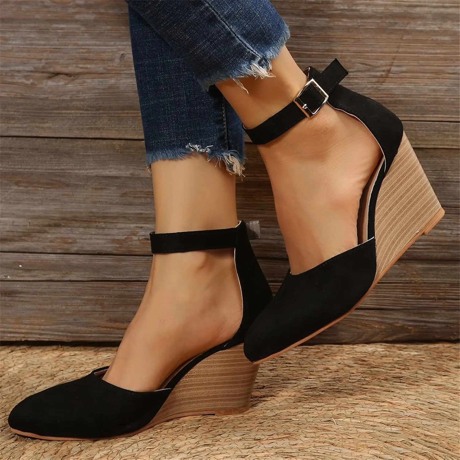 Womenyiaor Womens Closed Toe Sandals Women Summer Sandals 2023 Casual Ankle Strap Closed Toe Espadrilles Wedge Sandals (A-Black, 8)