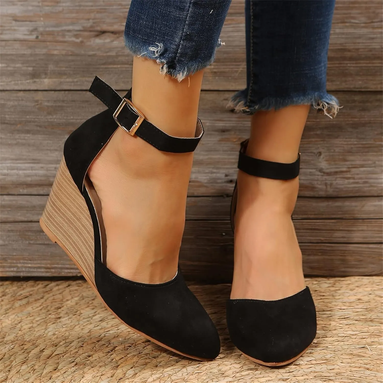 Womenyiaor Womens Closed Toe Sandals Women Summer Sandals 2023 Casual Ankle Strap Closed Toe Espadrilles Wedge Sandals (A-Black, 8)