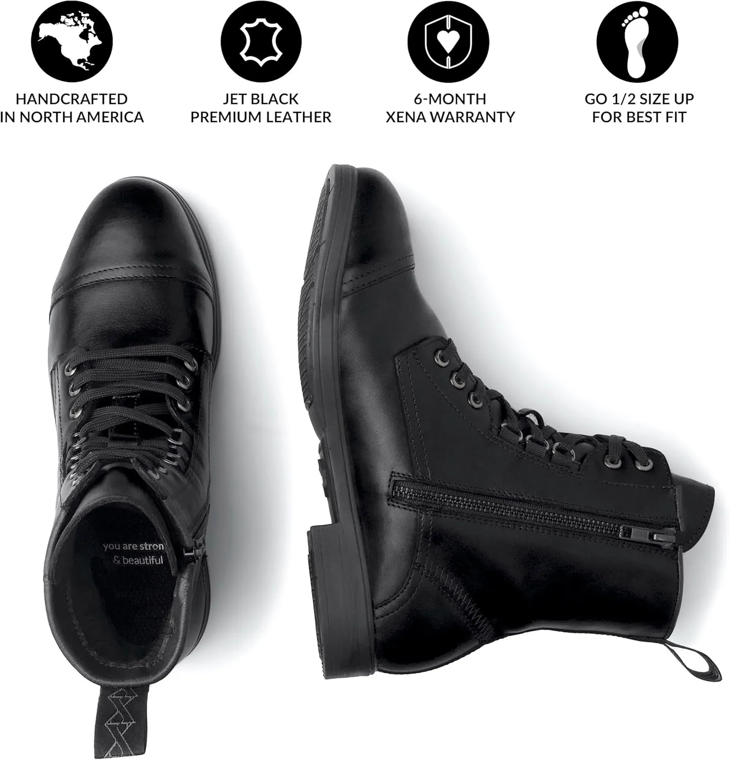 XENA Spice Women’s Safety Steel Toe Work Boots, Premium Leather, Lightweight, Breathable, Comfortable, Slip Resistant, Laces and Side Zipper, ASTM F2413-18 Certified, OSHA Compliant, Jet Black Leather