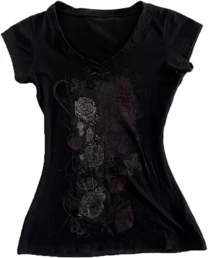 Y2k Fairy Grunge Clothes for Women Emo 2000s Skull Skeleton Print Tees Shirts Fairycore Vintage E-Girls Clothes