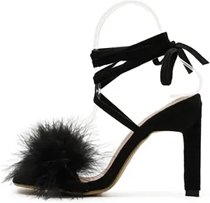 YIBLBOX Women's Feather Heels Open Toe Sandal Fluffy Fur High Heel Shoes Ankle Cross Strappy Stiletto Pump for Wedding Party Dance Evening