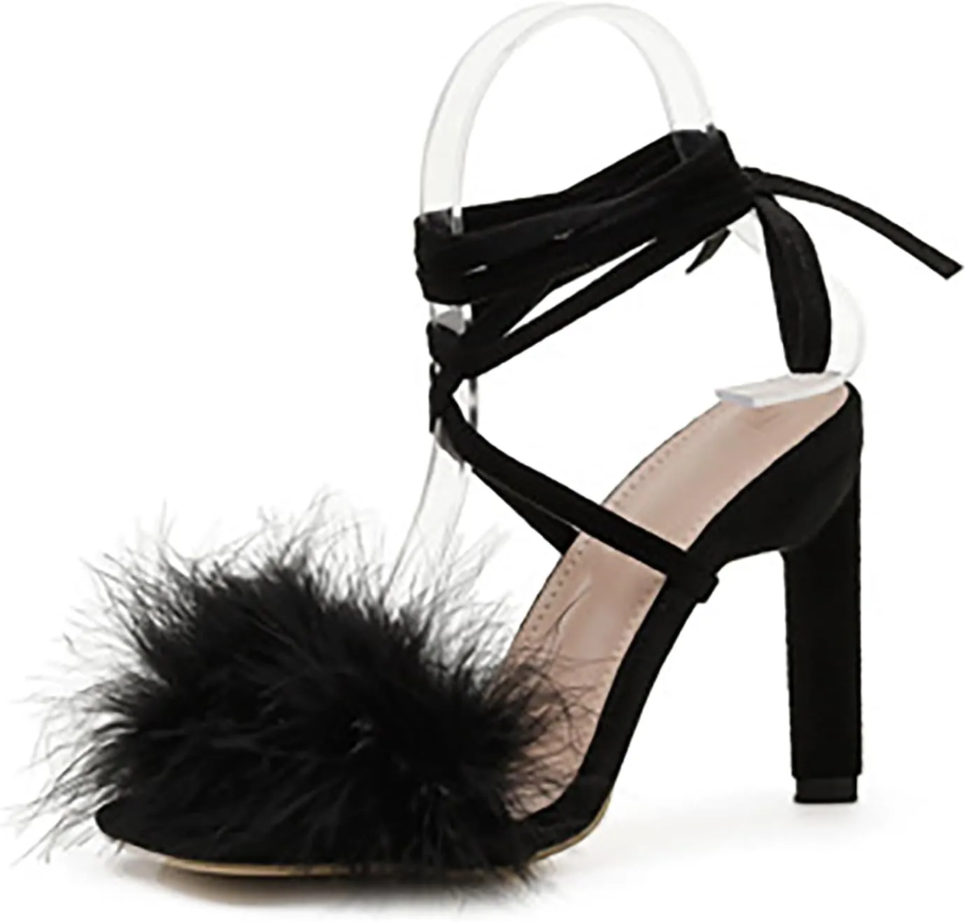 YIBLBOX Women's Feather Heels Open Toe Sandal Fluffy Fur High Heel Shoes Ankle Cross Strappy Stiletto Pump for Wedding Party Dance Evening