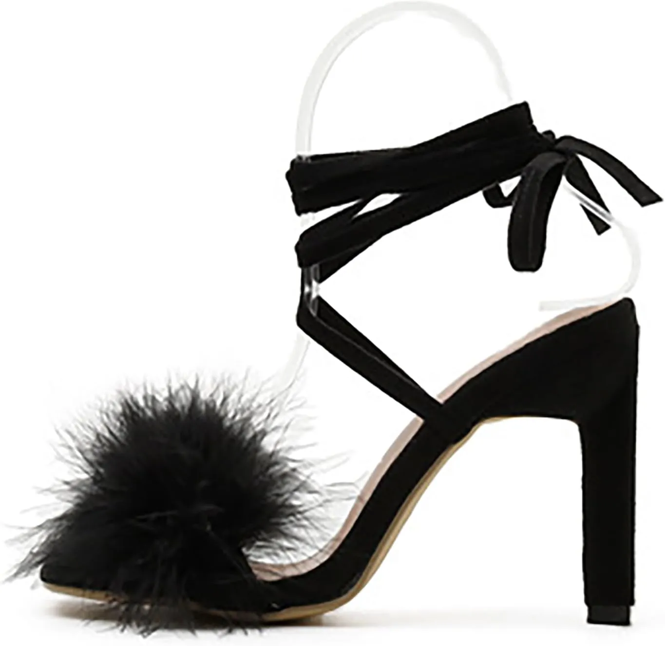 YIBLBOX Women's Feather Heels Open Toe Sandal Fluffy Fur High Heel Shoes Ankle Cross Strappy Stiletto Pump for Wedding Party Dance Evening
