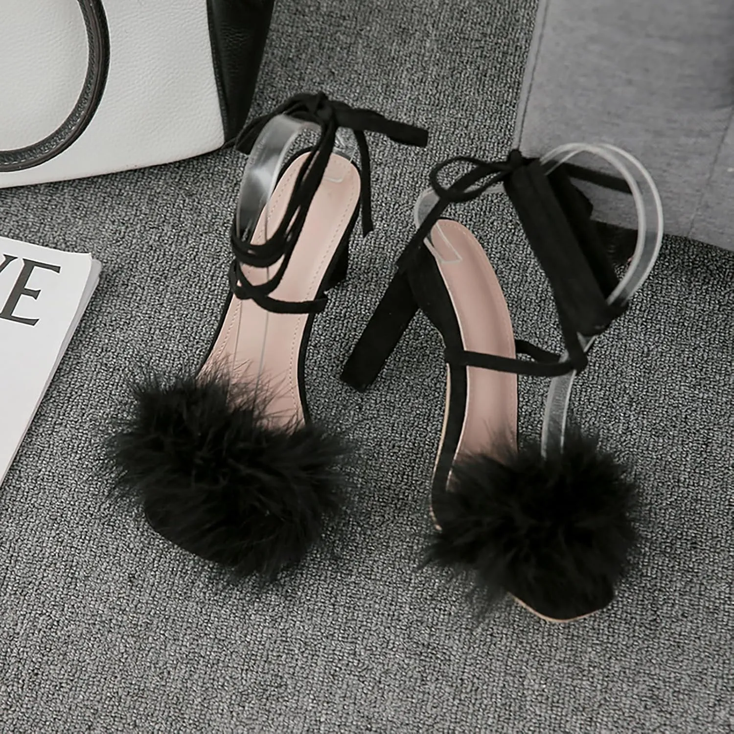 YIBLBOX Women's Feather Heels Open Toe Sandal Fluffy Fur High Heel Shoes Ankle Cross Strappy Stiletto Pump for Wedding Party Dance Evening