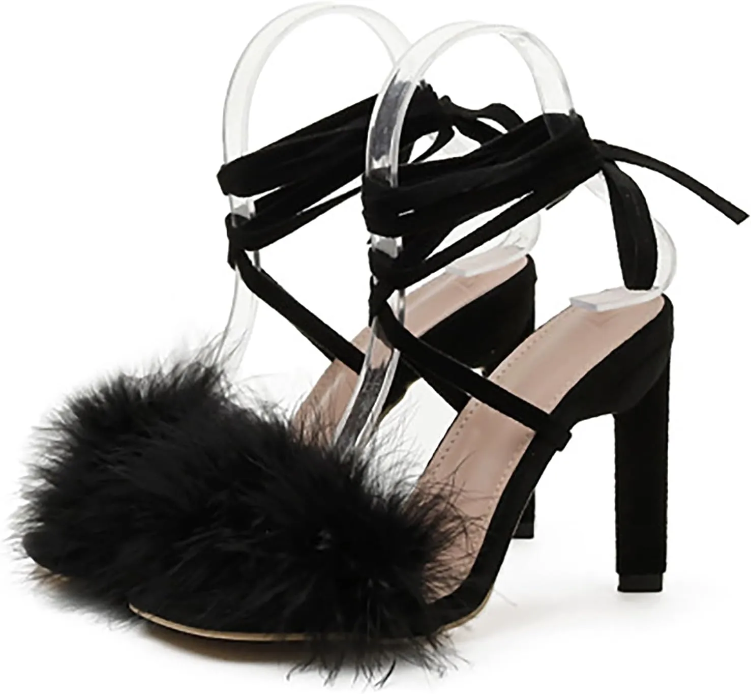 YIBLBOX Women's Feather Heels Open Toe Sandal Fluffy Fur High Heel Shoes Ankle Cross Strappy Stiletto Pump for Wedding Party Dance Evening