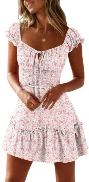 YOBECHO Womens Summer Ruffle Sleeve Sweetheart Neckline Printing Dress Mini Dresses