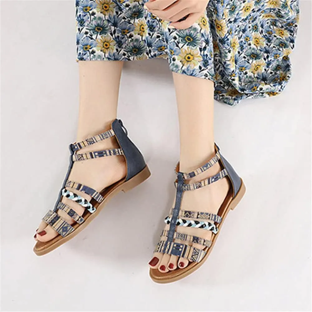Youllyuu Women's Large Sandals Summer Rome Sandals Bohemian Retro Beaded Zipper Rhinestone Flat Shoes